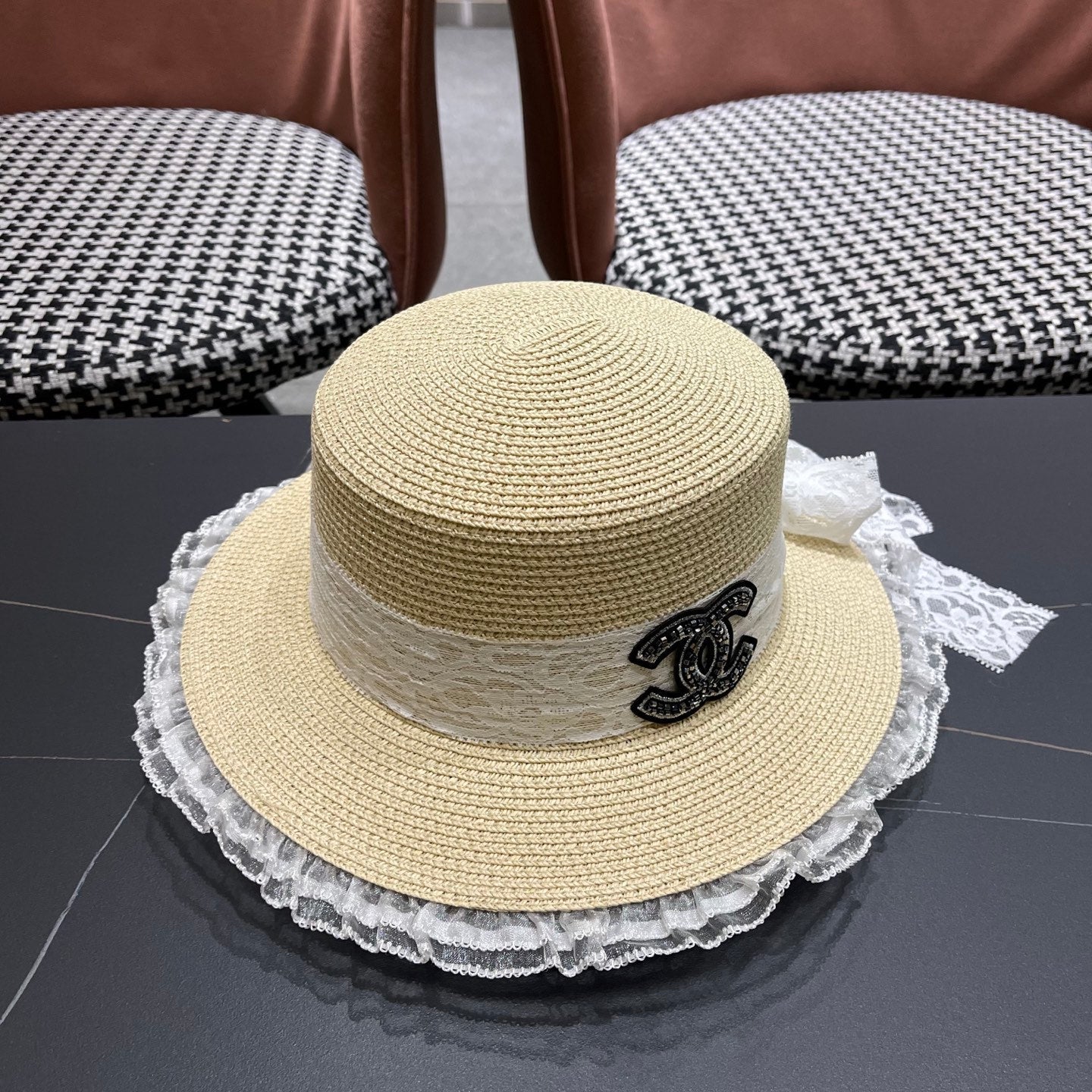 CHANEL 26S LACE & FLORAL TRIM STRAW HAT 337936