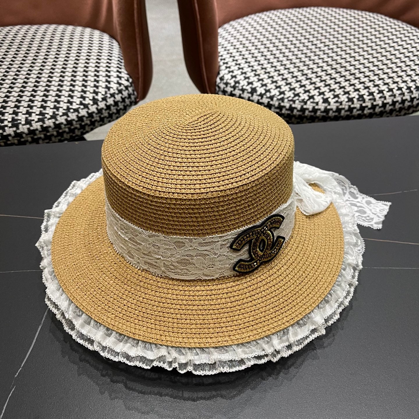 CHANEL 26S FLAT-BRIM STRAW HAT 338188