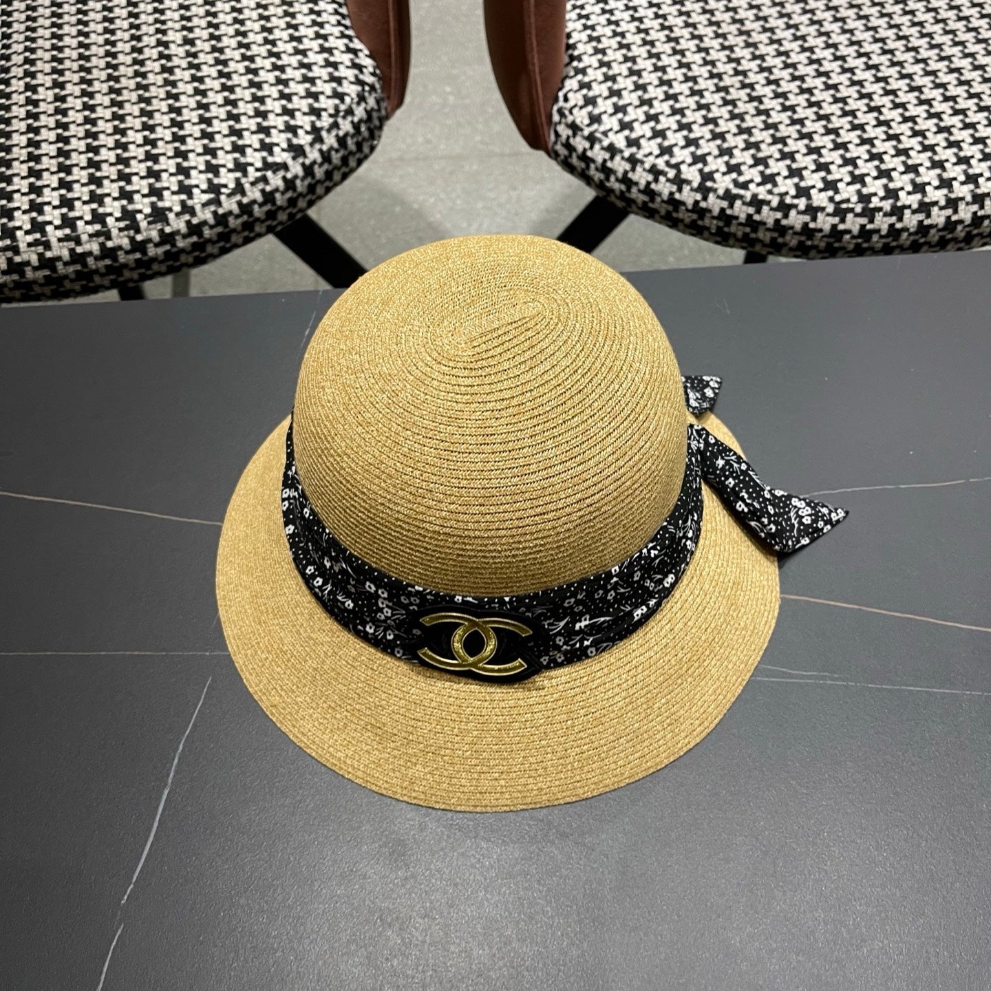 CHANEL 26S FLORAL RIBBON STRAW CLOCHE HAT 335746