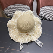 CHANEL 26S LACE-OVERLAY WIDE-BRIM STRAW HAT 335731
