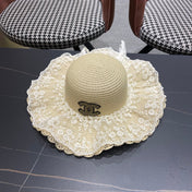 CHANEL 26S LACE-OVERLAY WIDE-BRIM STRAW HAT 335731