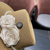 CHANEL 26S PEARL & ROSETTE STRAW BOATER HAT 337932