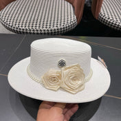CHANEL 26S PEARL & ROSETTE STRAW BOATER HAT 337935