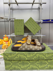 GG SANDALS IN DARK BROWN CALFSKIN AND BEIGE FABRIC WITH GOLD HARDWARE