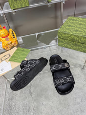 GG SANDALS IN BLACK FABRIC AND CALFSKIN WITH SILVER HARDWARE