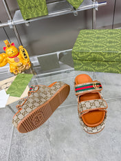 GG SANDALS 22 IN ORANGE CALFSKIN AND BEIGE FABRIC WITH GOLD HARDWARE