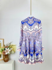 HIGH-NECK LONG-SLEEVE PRINTED DRESS IN PURPLE AND YELLOW