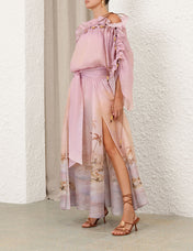 ZIMMER SILK MIDI DRESS IN PASTEL BLUE-GREEN AND LIGHT PURPLE