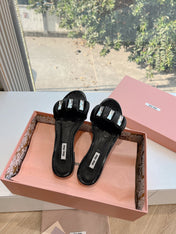 SLIDE SANDALS ATTACHED DIAMOND IN BLACK LAMBSKIN