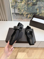 ALAIA 26S FLATS IN BLACK CALFSKIN WITH SILVER STUD STRAP