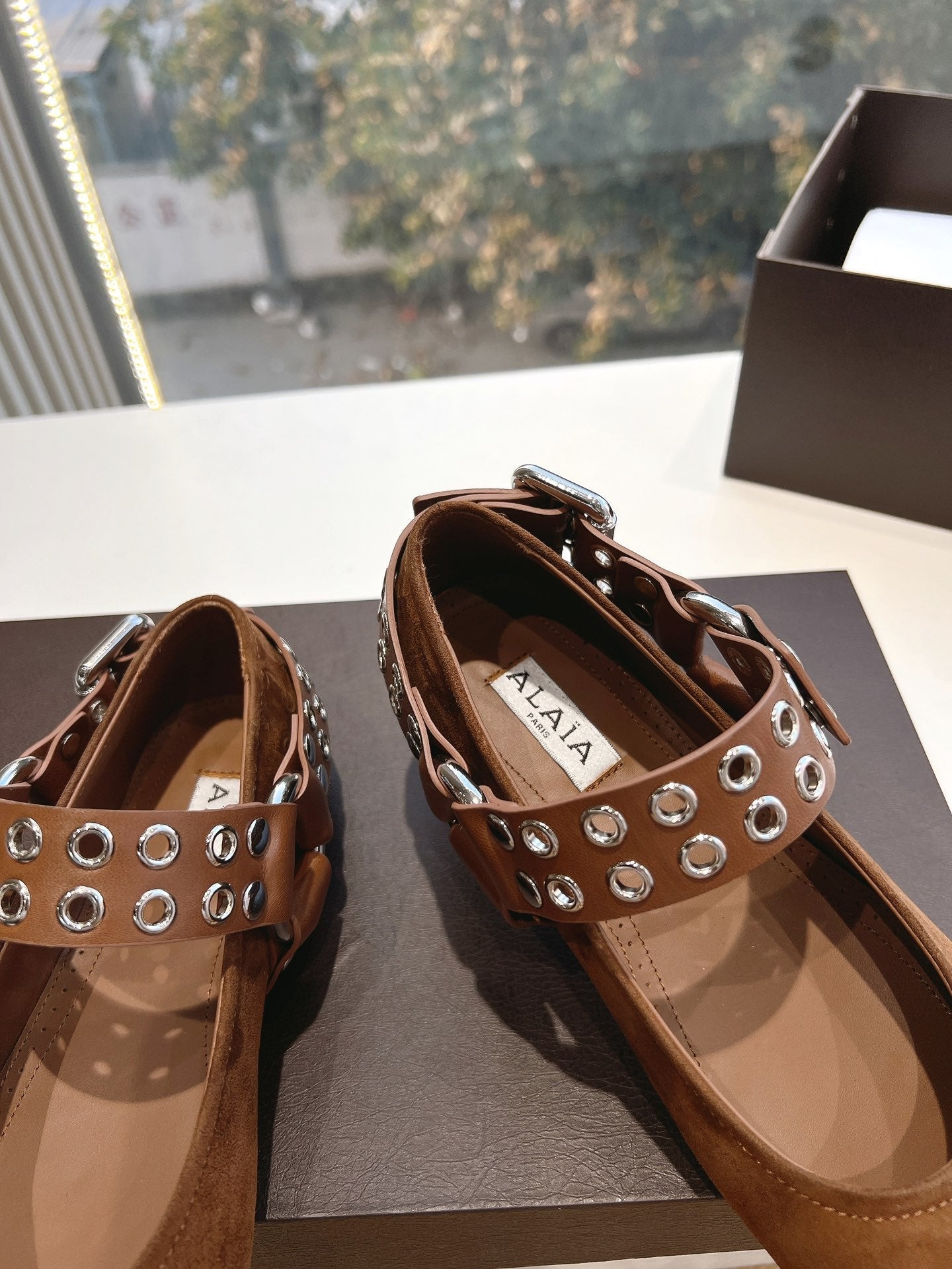 ALAIA 26S FLATS IN BROWN SUEDE WITH SILVER STUD STRAP