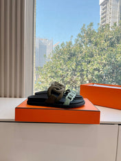 EXTRA SANDAL IN ARMY GREEN MIX ELECTRIC BLUE CALFSKIN