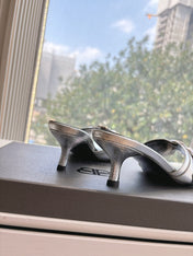 CAGOLE MID-HEEL MULES IN SILVER METALLIC CALFSKIN
