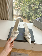 CRYSTAL BUCKLE WHITE CALFSKIN HEELED MULES