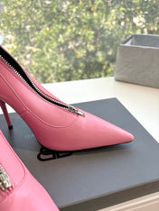 ZIPPER POINTED-TOE HIGH PUMPS IN BUBBLEGUM PINK SHINY LAMBSKIN