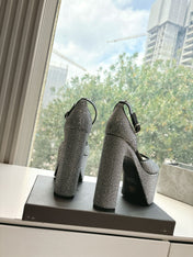 PLATFORM ANKLE STRAP HEELS IN BLACK ATTACHED RHINESTONES CALFSKIN