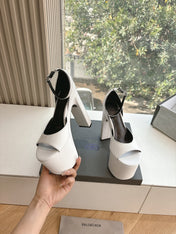 PLATFORM ANKLE STRAP HEELS IN WHITE SMOOTH CALFSKIN