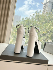 PLATFORM ANKLE STRAP HEELS IN WHITE SMOOTH CALFSKIN