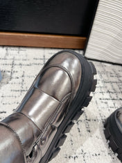 MONOLITH ANKLE BOOTS WITH STRAP IN METALLIC GRAY CALFSKIN AND FLEECE LINING