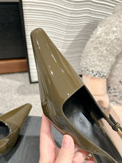LEE SLINGBACK MID PUMPS IN ARMY GREEN SHINY CALFSKIN