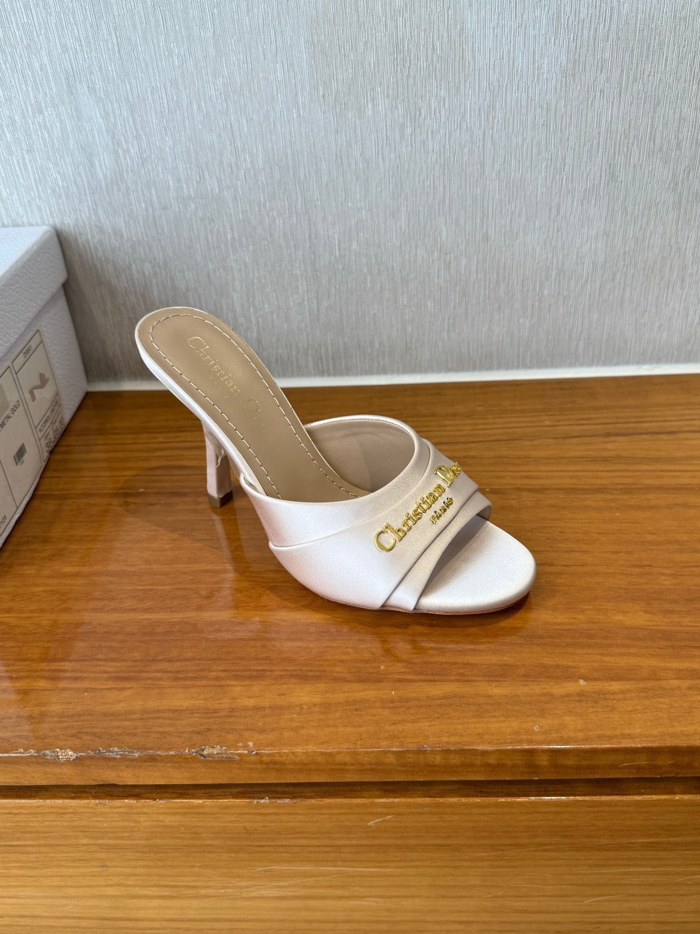 PEEP TOE SANDAL 25S HEELS 10CM IN PALE PINK BEIGE SATIN