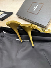 YSL 26S HEELED SANDALS 105 MM IN OLIVE GREEN SATIN