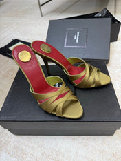 YSL 26S HEELED SANDALS 105 MM IN OLIVE GREEN SATIN