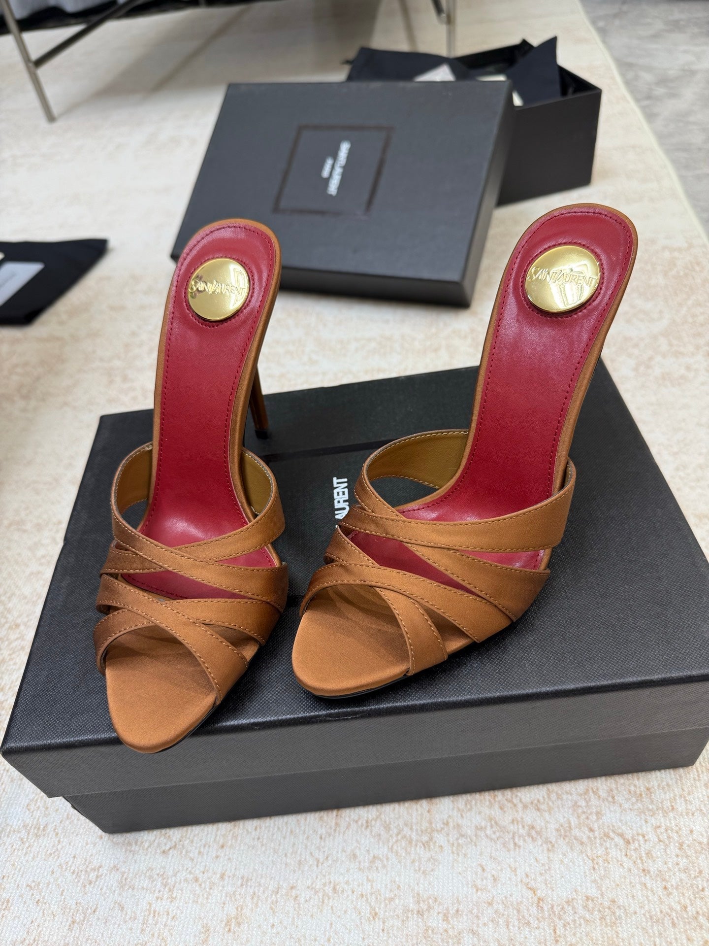 YSL 26S HEELED SANDALS 105 MM IN CLAY BROWN SATIN