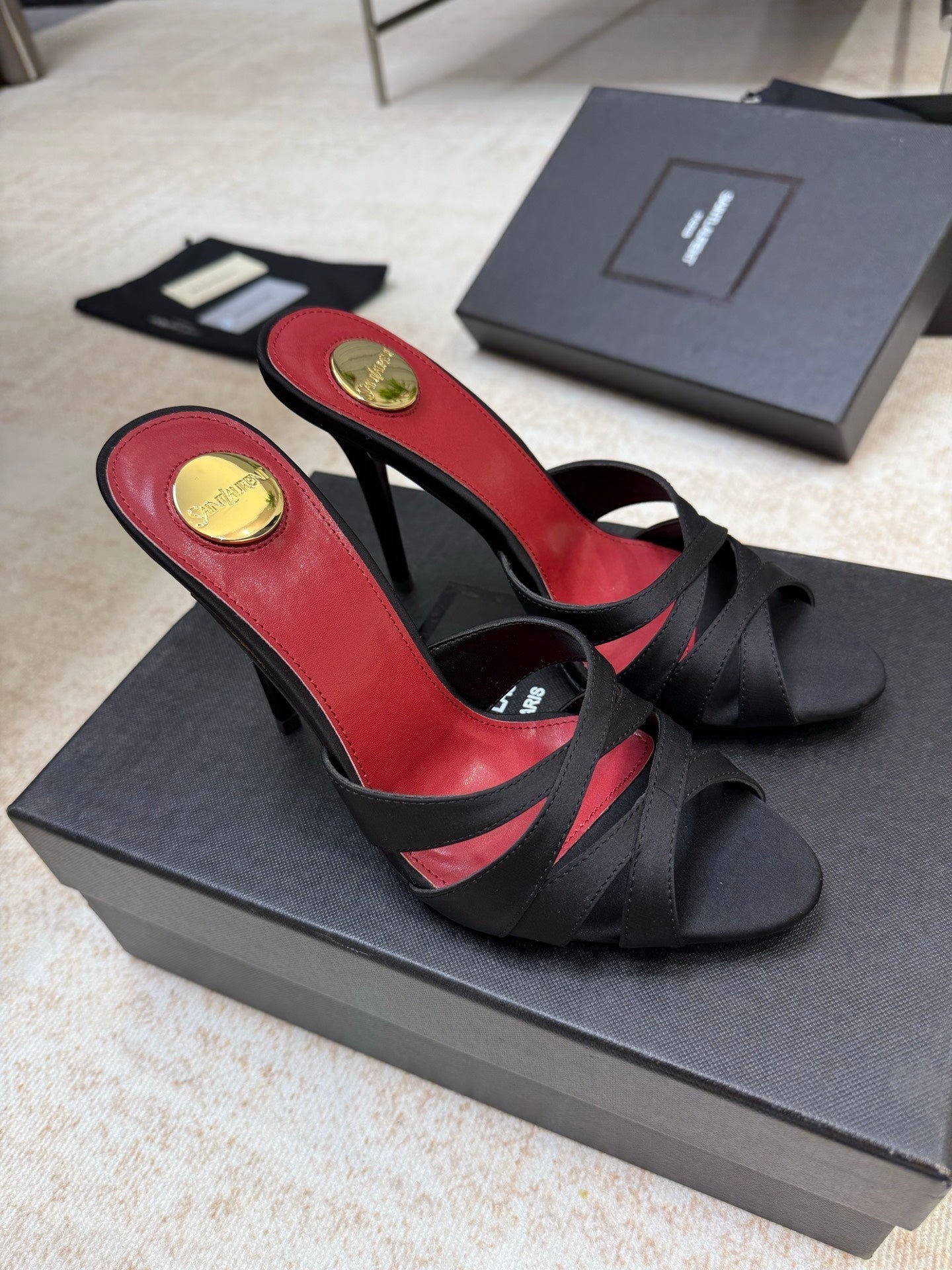 YSL 26S HEELED SANDALS 105 MM IN BLACK SATIN