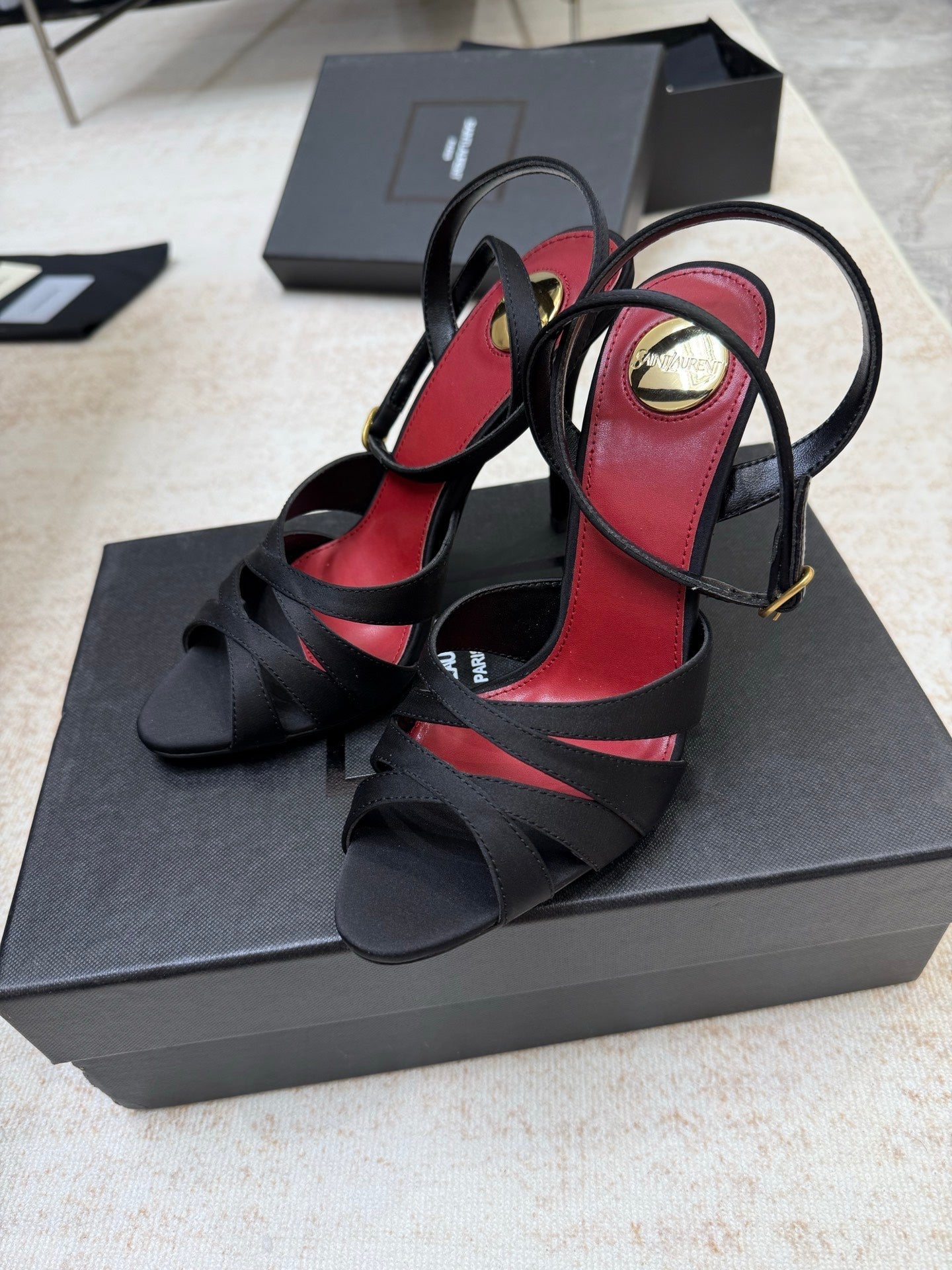 YSL 26S STRAPPY HEELED SANDALS 105 MM IN BLACK SATIN