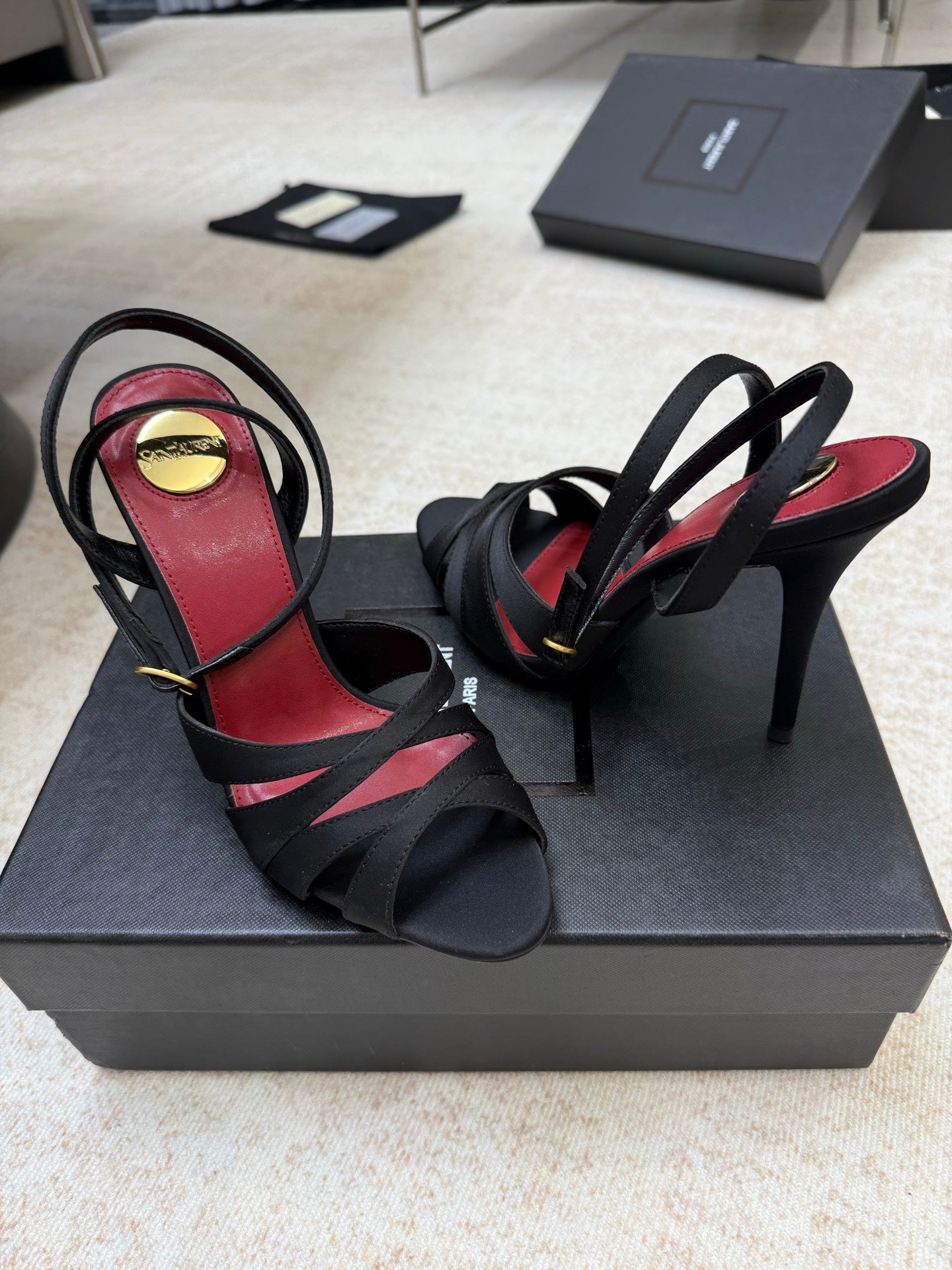 YSL 26S STRAPPY HEELED SANDALS 105 MM IN BLACK SATIN