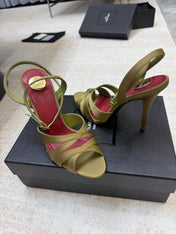YSL 26S STRAPPY HEELED SANDALS 105 MM IN OLIVE GREEN SATIN