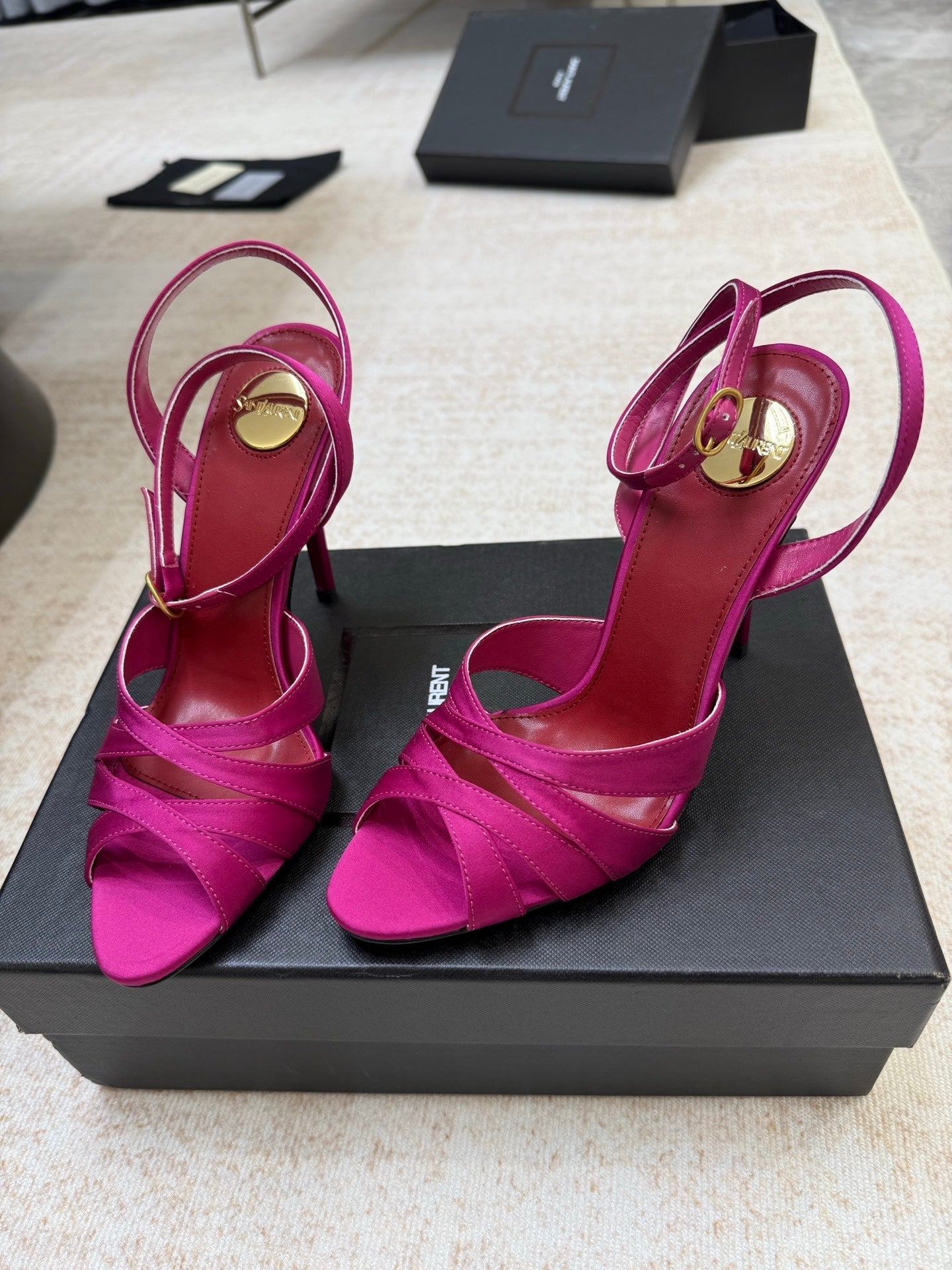 YSL 26S STRAPPY HEELED SANDALS 105 MM IN DARK PINK SATIN