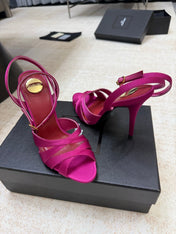 YSL 26S STRAPPY HEELED SANDALS 105 MM IN DARK PINK SATIN