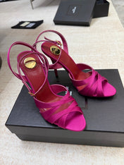 YSL 26S STRAPPY HEELED SANDALS 105 MM IN DARK PINK SATIN