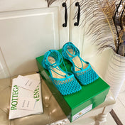 STRETCH LACE-UP FLAT SANDAL IN CERULEAN BLUE METALLIZED MESH AND LEATHER