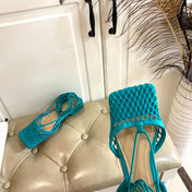 STRETCH LACE-UP FLAT SANDAL IN CERULEAN BLUE METALLIZED MESH AND LEATHER
