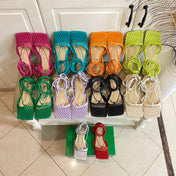 STRETCH LACE-UP FLAT SANDAL IN BRIGHT PINK METALLIZED MESH AND LEATHER