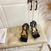 STRETCH LACE-UP SANDAL IN BLACK METALLIZED MESH AND LEATHER 9 CM
