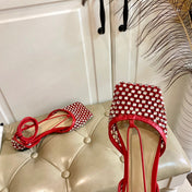 LACE-UP FLAT SANDAL IN RUBY RED METALLIZED MESH AND LEATHER WITH RHINSTONES