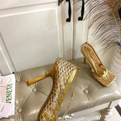 STRETCH LACE-UP SANDAL IN GOLD METALLIZED MESH AND LEATHER 9 CM
