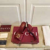GUCCI 26S HIGH-HEELED SANDALS IN DARK RED CANVAS WITH GOLD HARDWARE