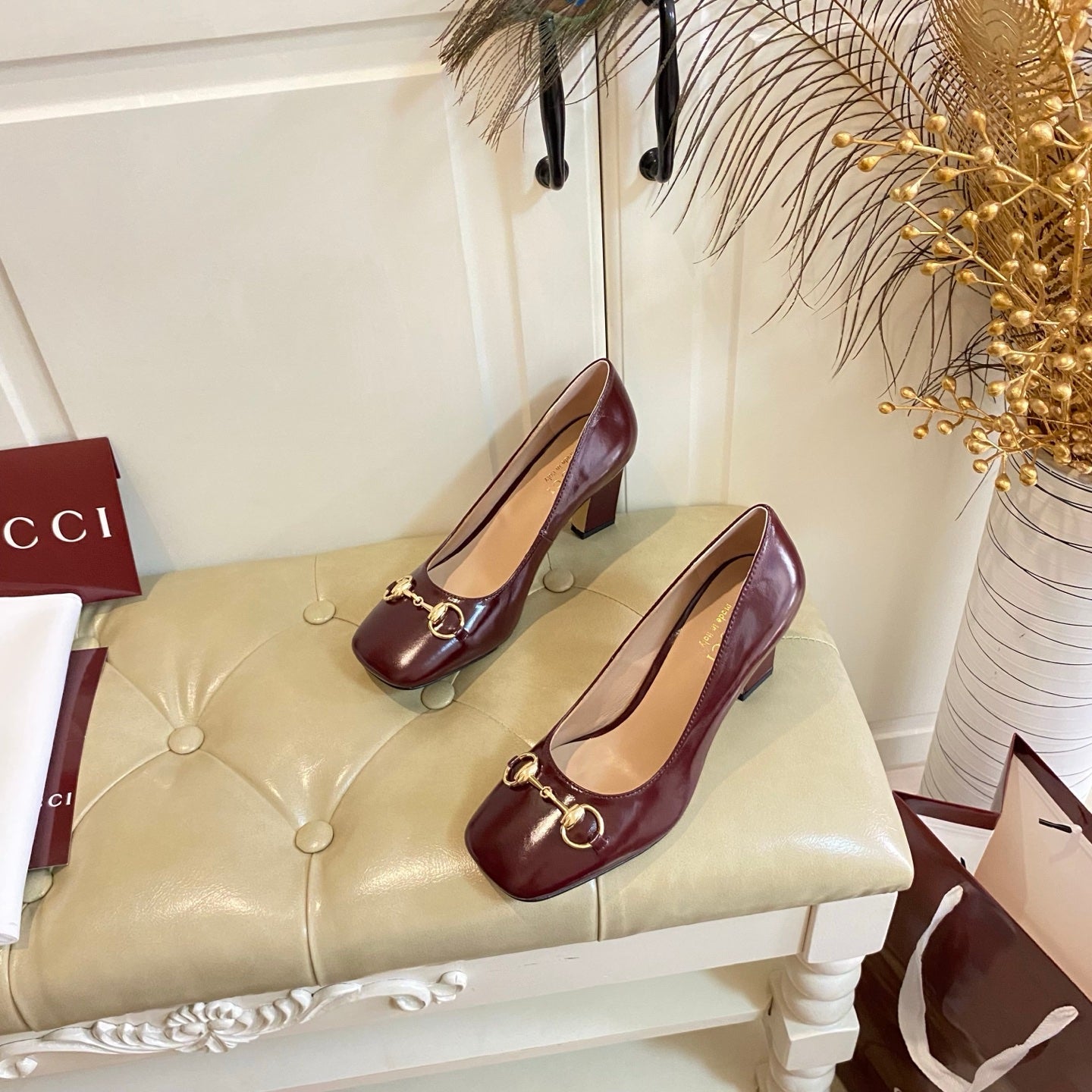GUCCI 26S HORSEBIT MID-HEEL PUMPS 75 MM IN DARK RED CALFSKIN