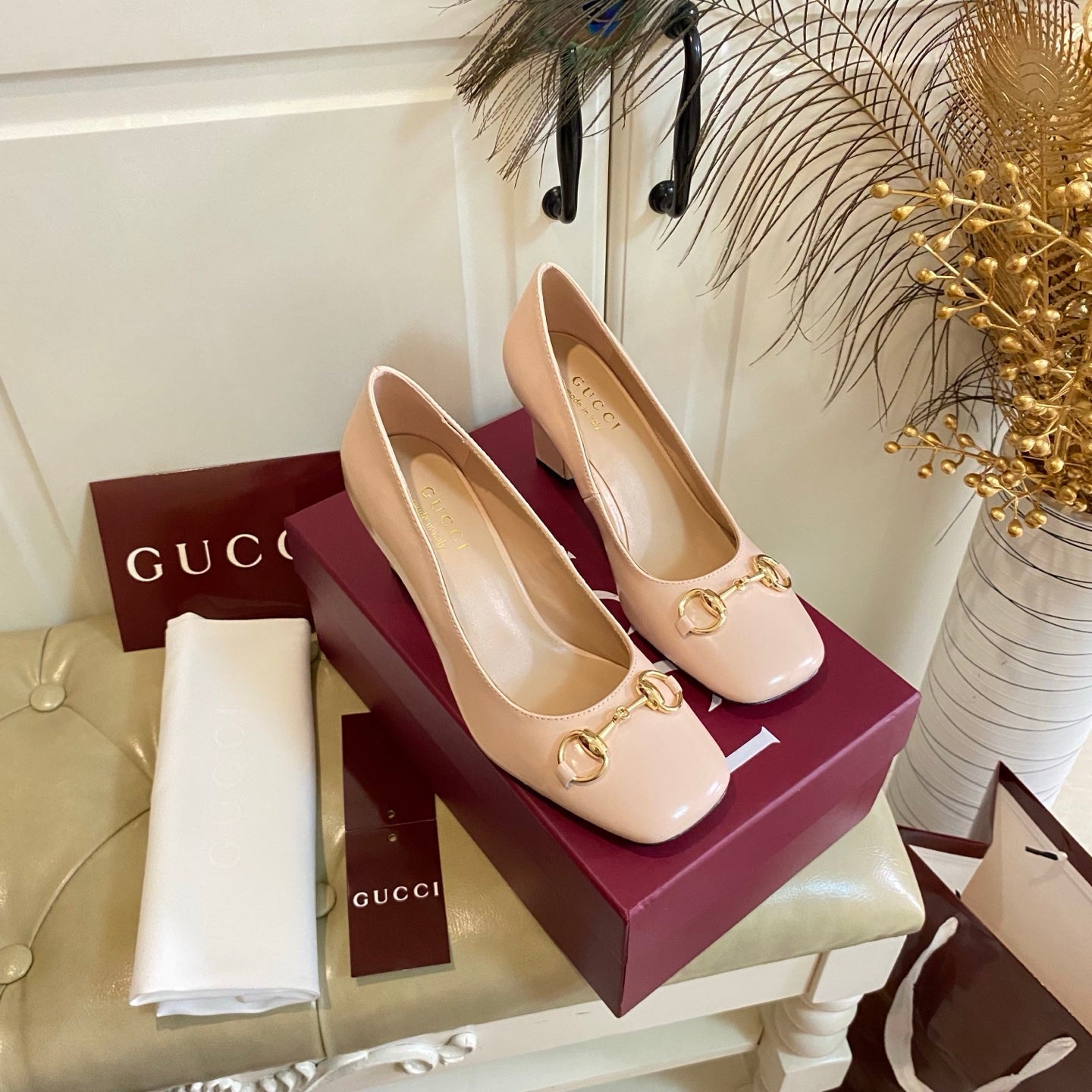GUCCI 26S HORSEBIT MID-HEEL PUMPS 75 MM IN NUDE PINK CALFSKIN