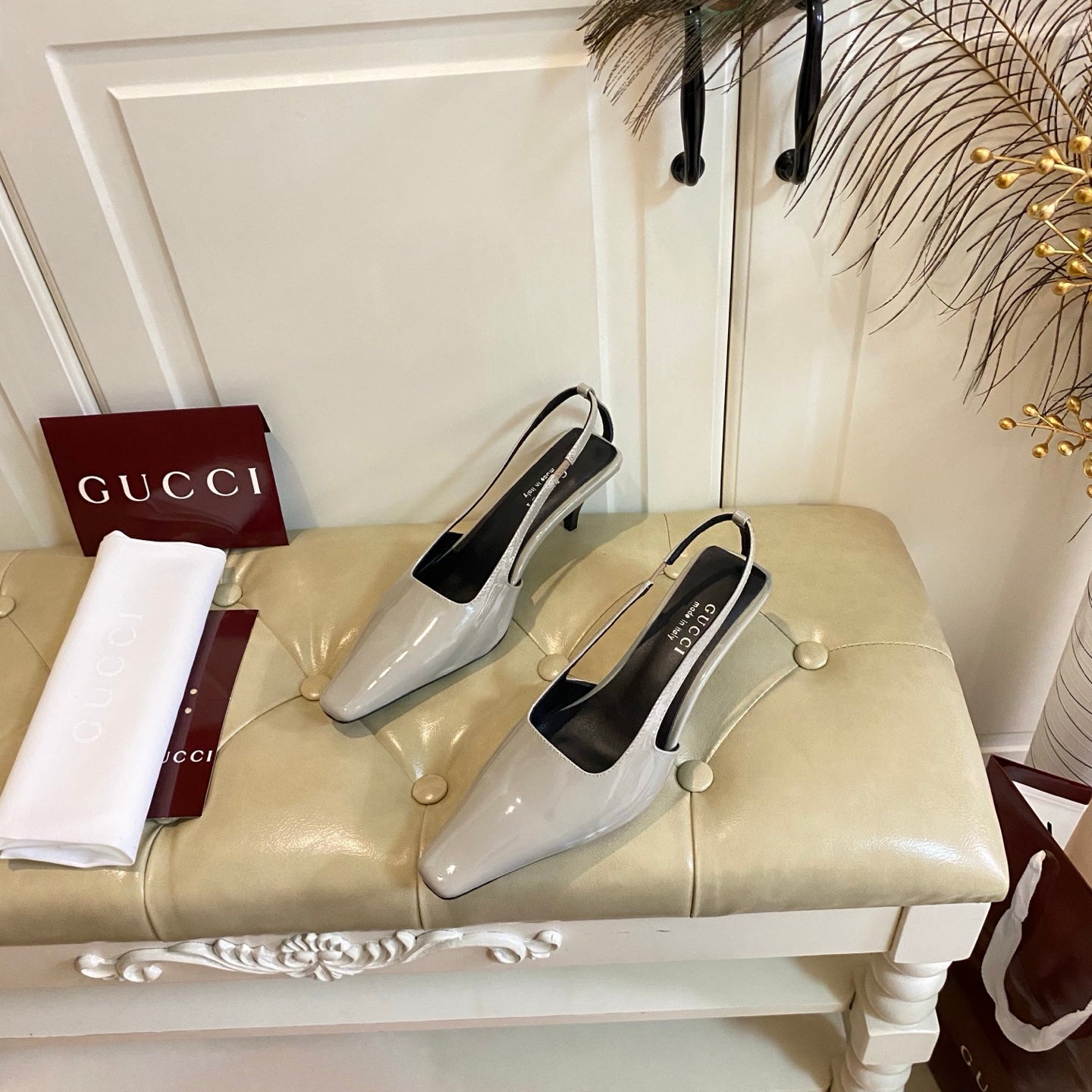 GUCCI 26S SLINGBACK 55 MM IN LIGHT TAUPE GRAY CALFSKIN