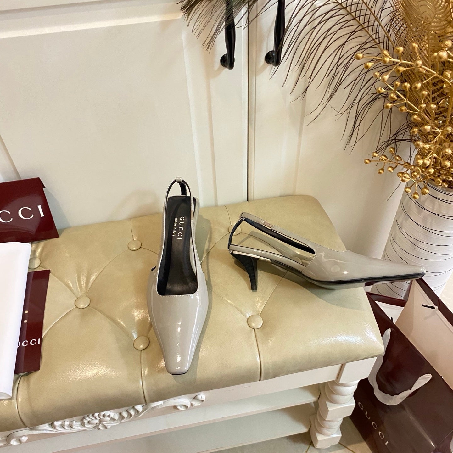 GUCCI 26S SLINGBACK 55 MM IN LIGHT TAUPE GRAY CALFSKIN