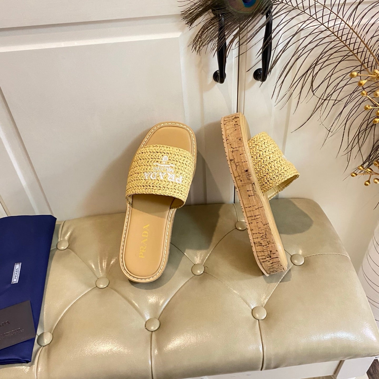 PRADA 26S SLIDE SANDALS CORK SOLE IN BEIGE LOGO RAFFIA