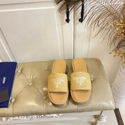 PRADA 26S SLIDE SANDALS CORK SOLE IN BEIGE LOGO RAFFIA