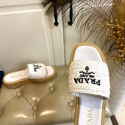 PRADA 26S SLIDE SANDALS CORK SOLE IN WHITE LOGO RAFFIA