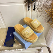 PRADA 26S SLIDE SANDALS IN BEIGE LOGO RAFFIA